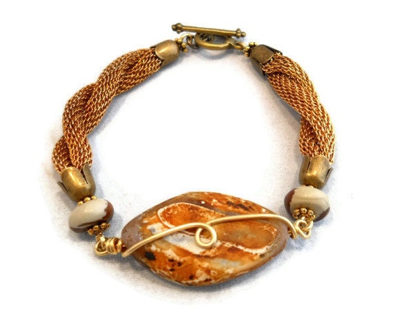 Artisan Stone Bracelet Wire Wrapped Jewelry Exotic Tibetan Agate Vintage Brass Mesh Chain
