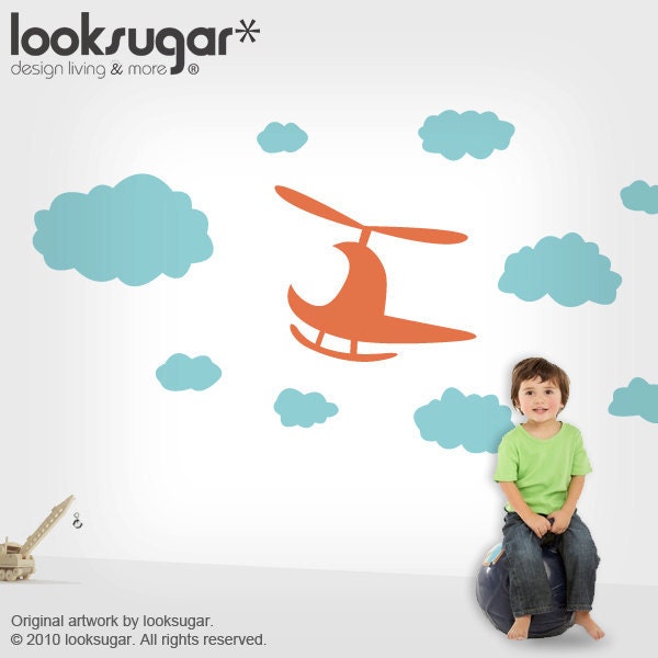 Modern Nursery Wall Decals with Helicopter and Clouds - 0069