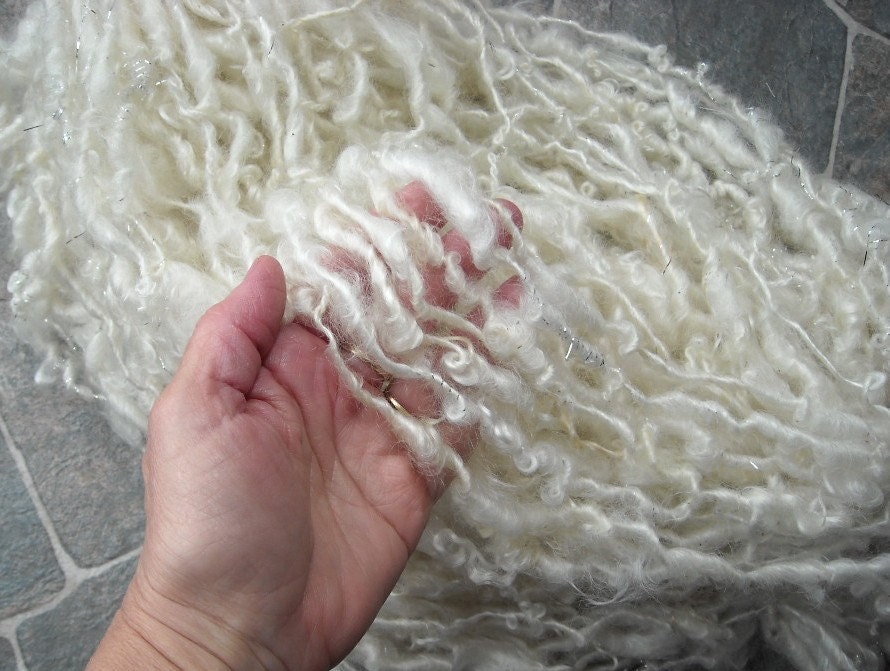 SILVER ICE, Garden Party Fibers, Supplies,Fluffy white mohair locks silver lurex handspun yarn 105 yards, mohair corespun lurex auto wrapped