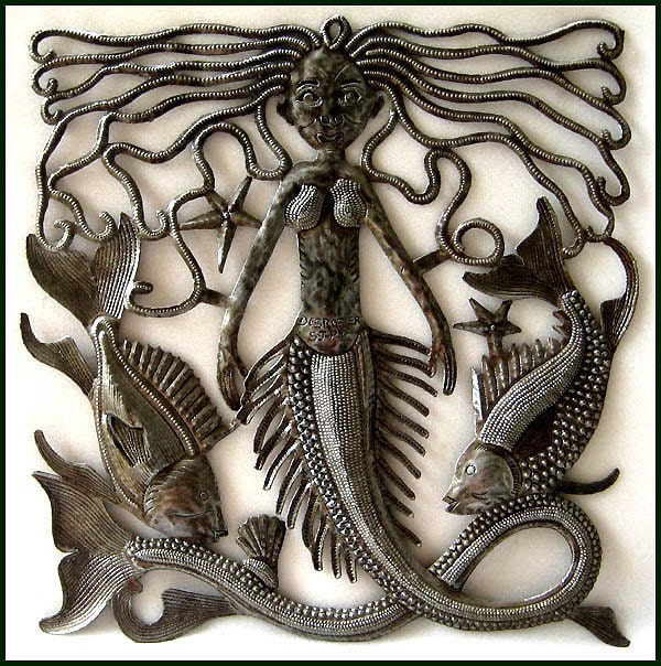 Mermaid Surrounded by the Fish - Nautical Metal Art Wall Hanging - Handcrafted Haitian Steel Oil Drum Wall Decor -462