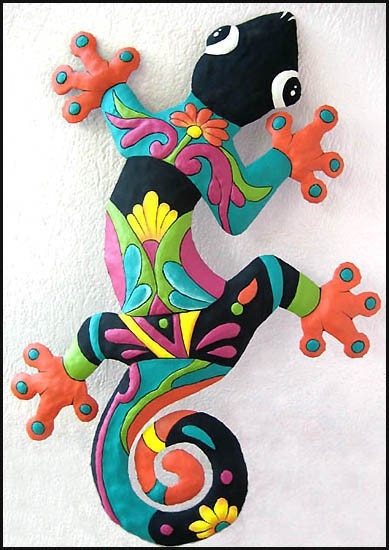 Gecko in Black - Turquoise - Orange - Haitian Painted Metal 24" Wall Hanging - Recycled Steel Drum Garden Art - M-402-OR-24