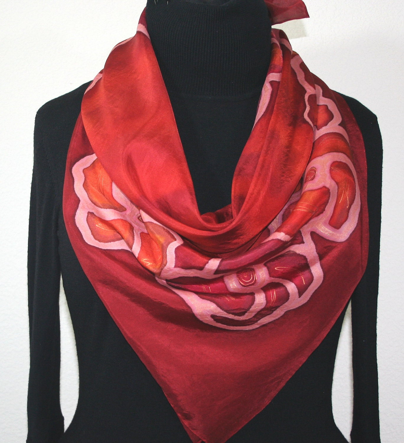Hand Painted Silk Scarf Tuscany Flowers. Scarf in Burgundy and Terracotta Red. Size 34x34 square. Made in Colorado 100% silk. Made to order.