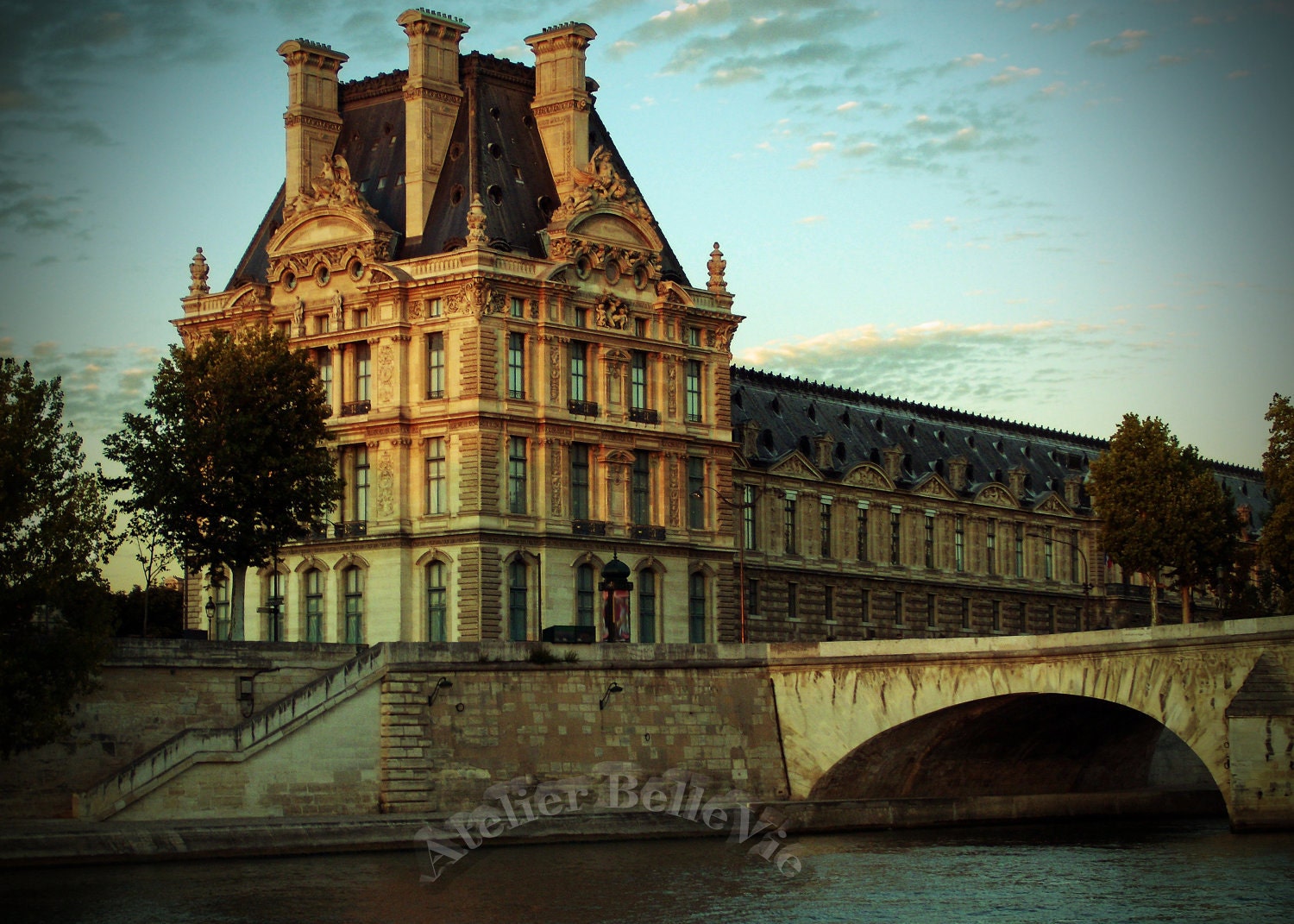 Paris, France 'La Louvre: Crepuscule' Victorian style digital image download or 5x7 fine art print