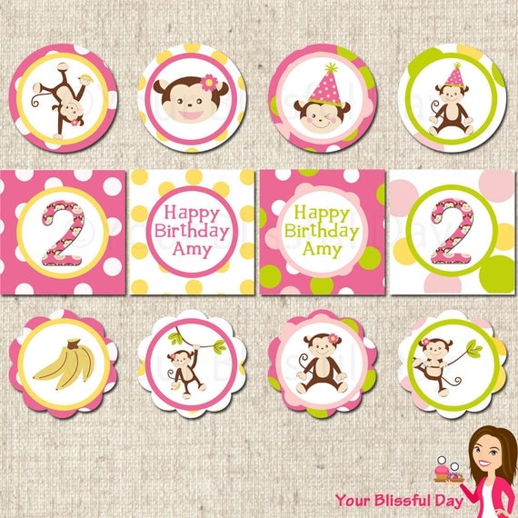 PRINTABLE Girl Monkey Party Circles (Personalized) Il_570xn