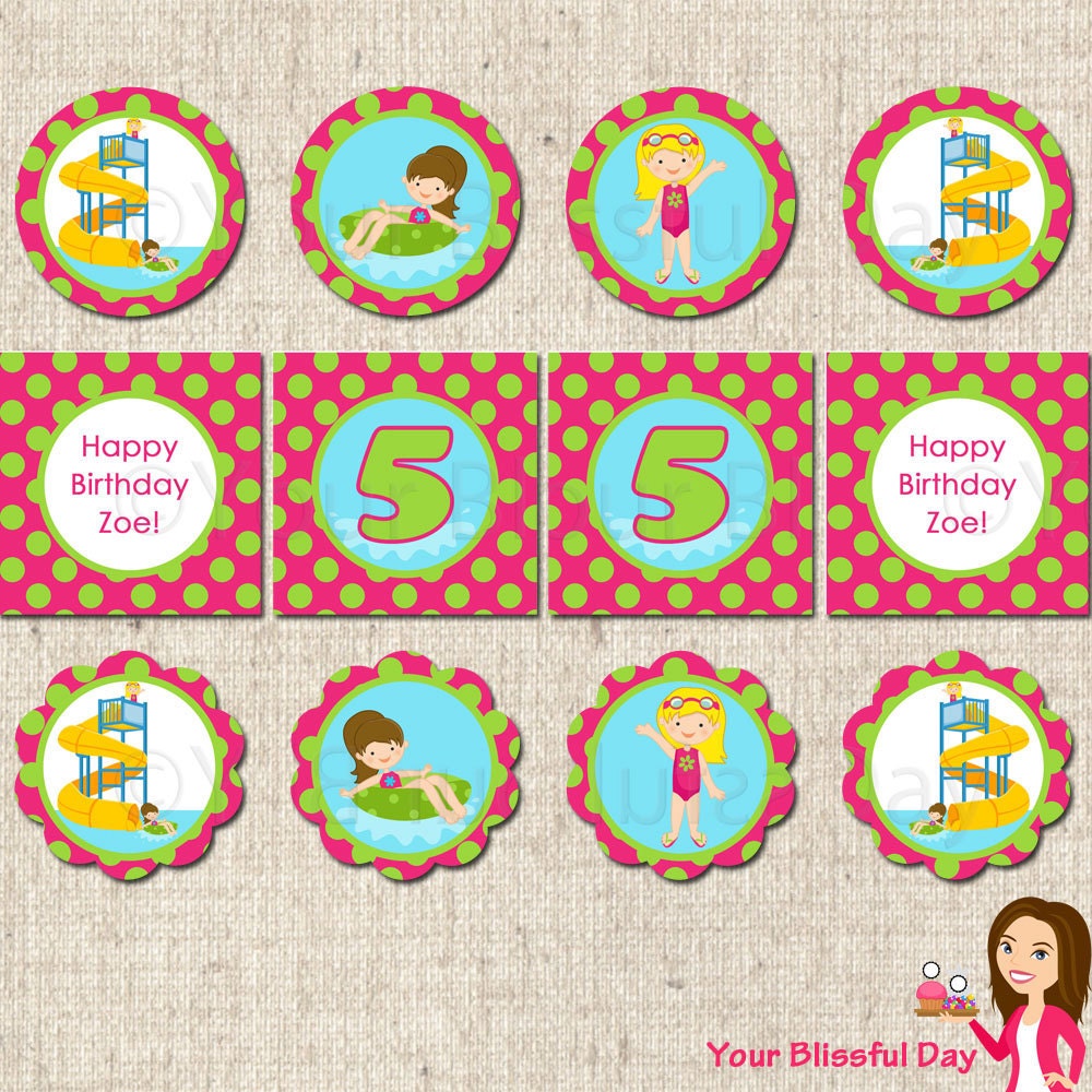 PRINTABLE Girl Waterpark Party Circles (Personalized) Il_570xn