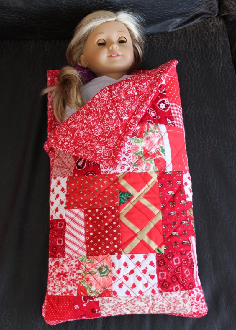 American Girl doll size red patchwork sleeping bag