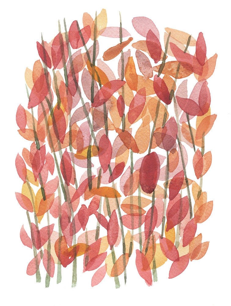 Original art watercolor painting red rose petals pink coral leaves watercolour painting