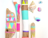Sticks and Shells Collection - Driftwood Art, Tribal Geometric - Neon, Pastel, Dorm Decor - Painted Driftwood, Seashells, Beach, Boho