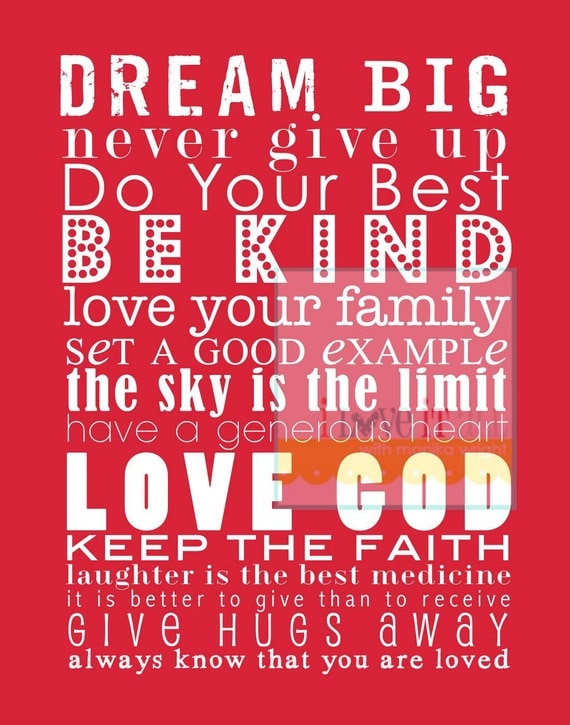 DREAM BIG House Rules Subway Art Poster Print . Be Kind Faith Love God // 11x14 Baby Kid Children Nursery // Red Yellow Blue Pink Black