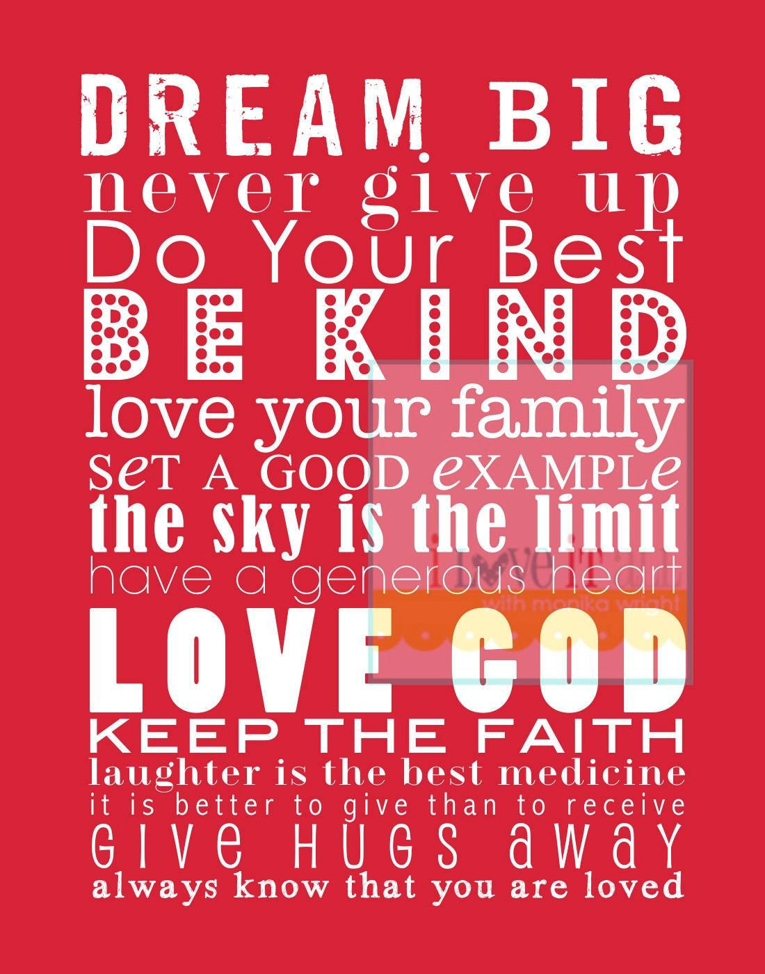 DREAM BIG House Rules Subway Art Poster Print . Be Kind Faith Love God // 11x14 Baby Kid Children Nursery // Red Yellow Blue Pink Black