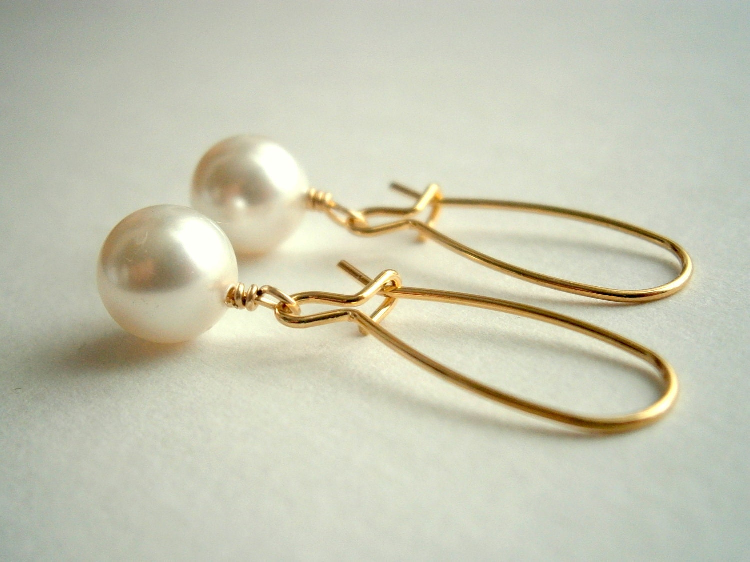 Pearl Earrings In White Swarovski Crystal Pearls On Gold Kidney Earwires
