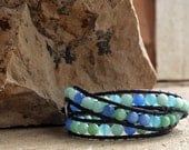 Ocean Waves Leather Wrap Bracelet, triple wrap beaded bracelet in blue and green spring colors, Mothers Day Gift