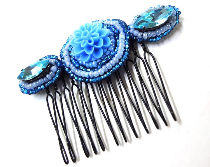 Beaded Blue Rhinestone Metal Comb