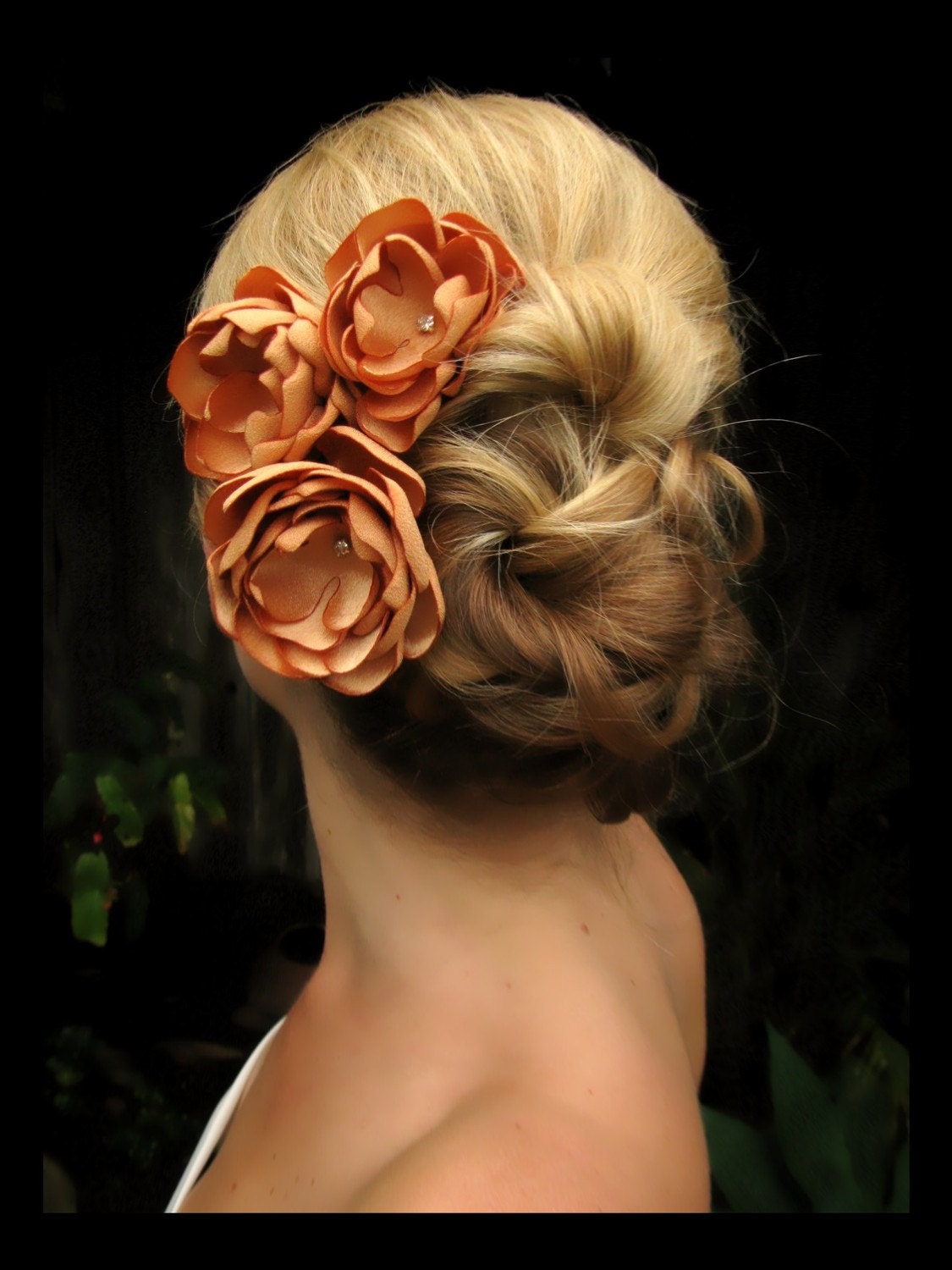 Dalila bridal hair accessories,  light golden orange satin flowers with rhinestone centers, bridal hair accessories, bridal hair flowers