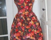 50s, 1950s Floral Velvet Dress, Full Skirt Dress, Low Back, Mad Men Party Dress - Jonny Herbert - S