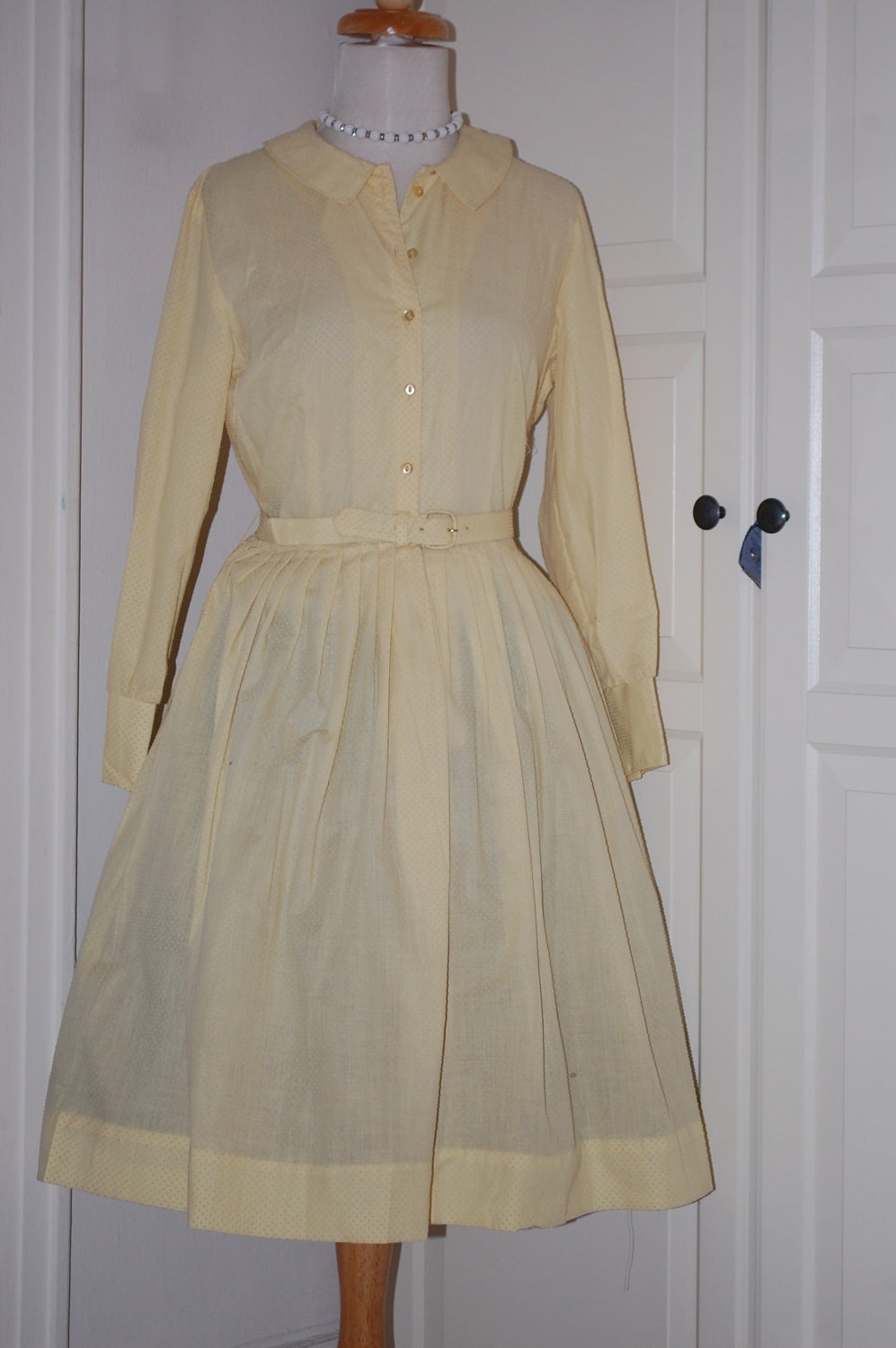 VINTAGE 50s Dress, Yellow Dress, Full Skirt, Button Front, Dotted Swiss - M