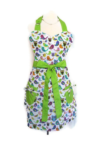 Retro Apron - Vintage Inspired Multi-Colored Birds with Green Ties  - Reversible Apron for Women