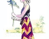 On the Beach Fashion Illustration Print, watercolor, ink, figure sketch, tropical, palm trees