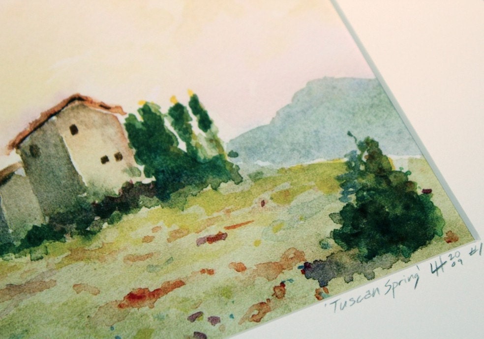 italian landscape- Tuscan Spring- 8x10 watercolor print matted to 11x14