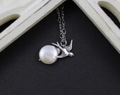 Bridesmaid Necklace, New MOTHER Necklace, Silver Swallow and Coin Pearl Necklace, Bridesmaid Gift