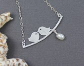 New Mom Necklace, Lovebirds on branch in White Gold  with Pearl Egg, Birthday Gift Mother, Best Friend, Sister
