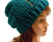 Crochet Slouchy Beanie Hat Spider Web Textured in Teal Medium