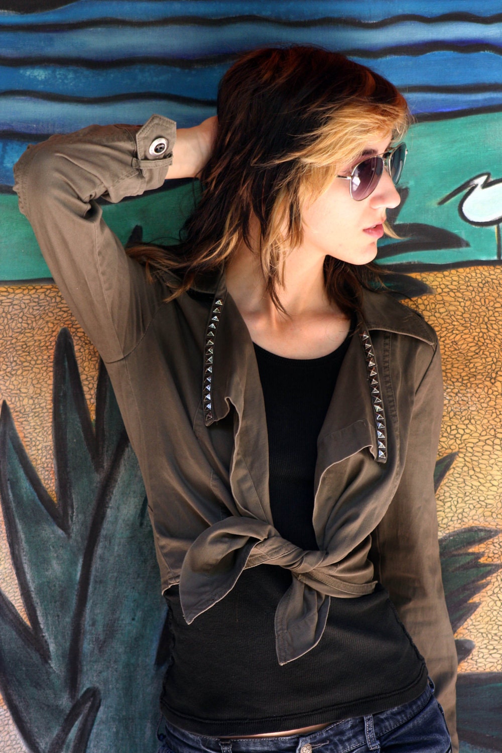 SALE - SMALL Military studded cropped jacket faded army green casual fall spring