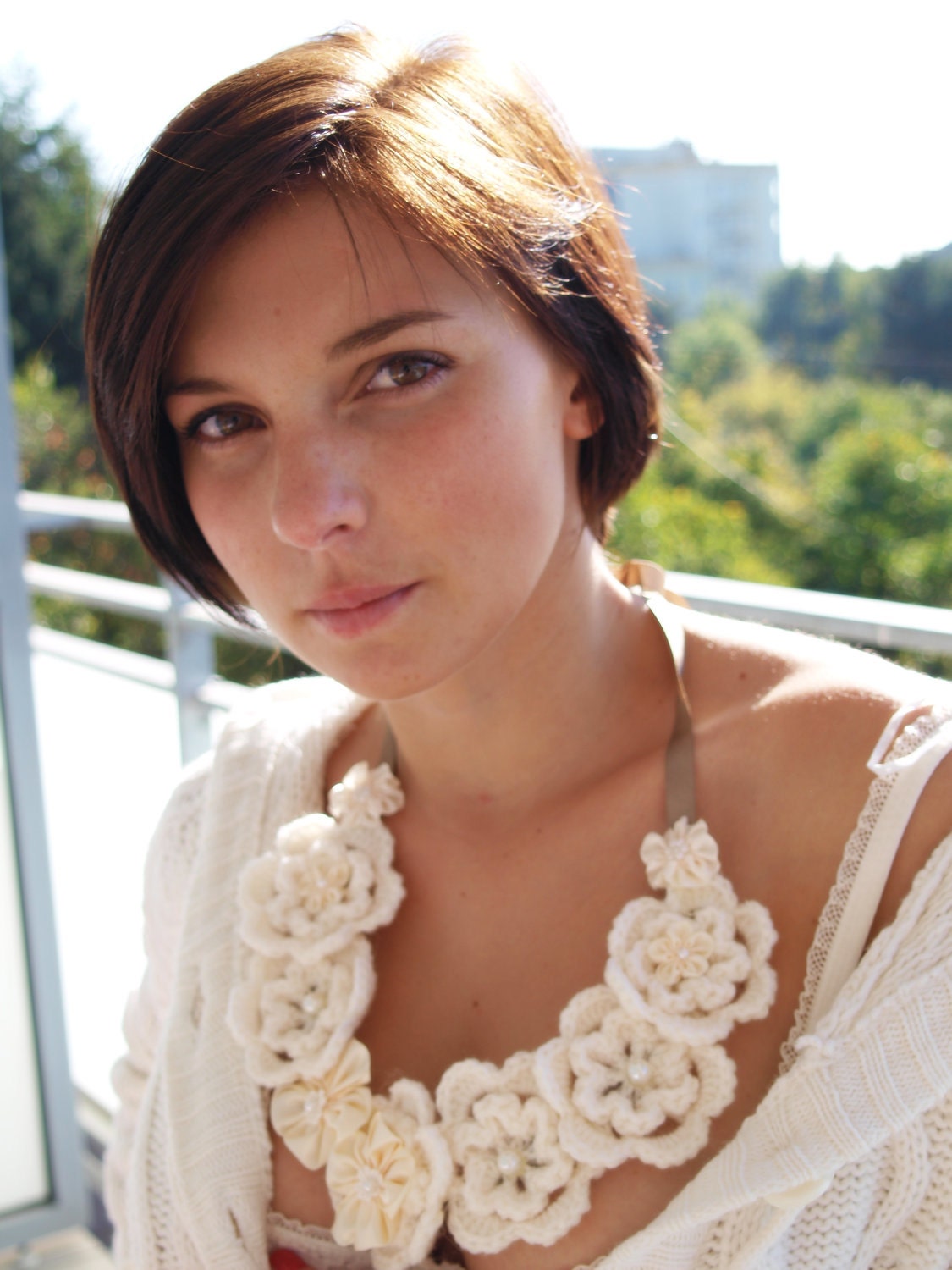 Crochet and satin flowers bib necklace in cream Flower necklace