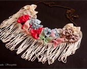 Fiber fine art floral necklace bows and butterflies. Floral garden jewelry for romantic bride.Fringe necklace Bridesmaid necklace