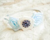 Flower Headband in Baby blue and White - Skinny Headband with Satin Flowers - Shabby chic Bridesmaids headband