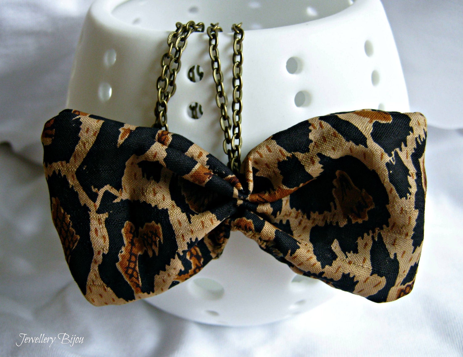 Bow tie necklace - animal print fabric bow pendant with chain Bow fabric necklace Statement necklace
