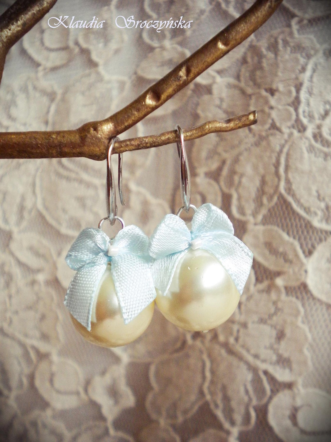 Baby Blue Satin Ribbon Bow And White Pearls Earrings-Bow earrings Bridesmaid Jewelry Bridesmaid gifts