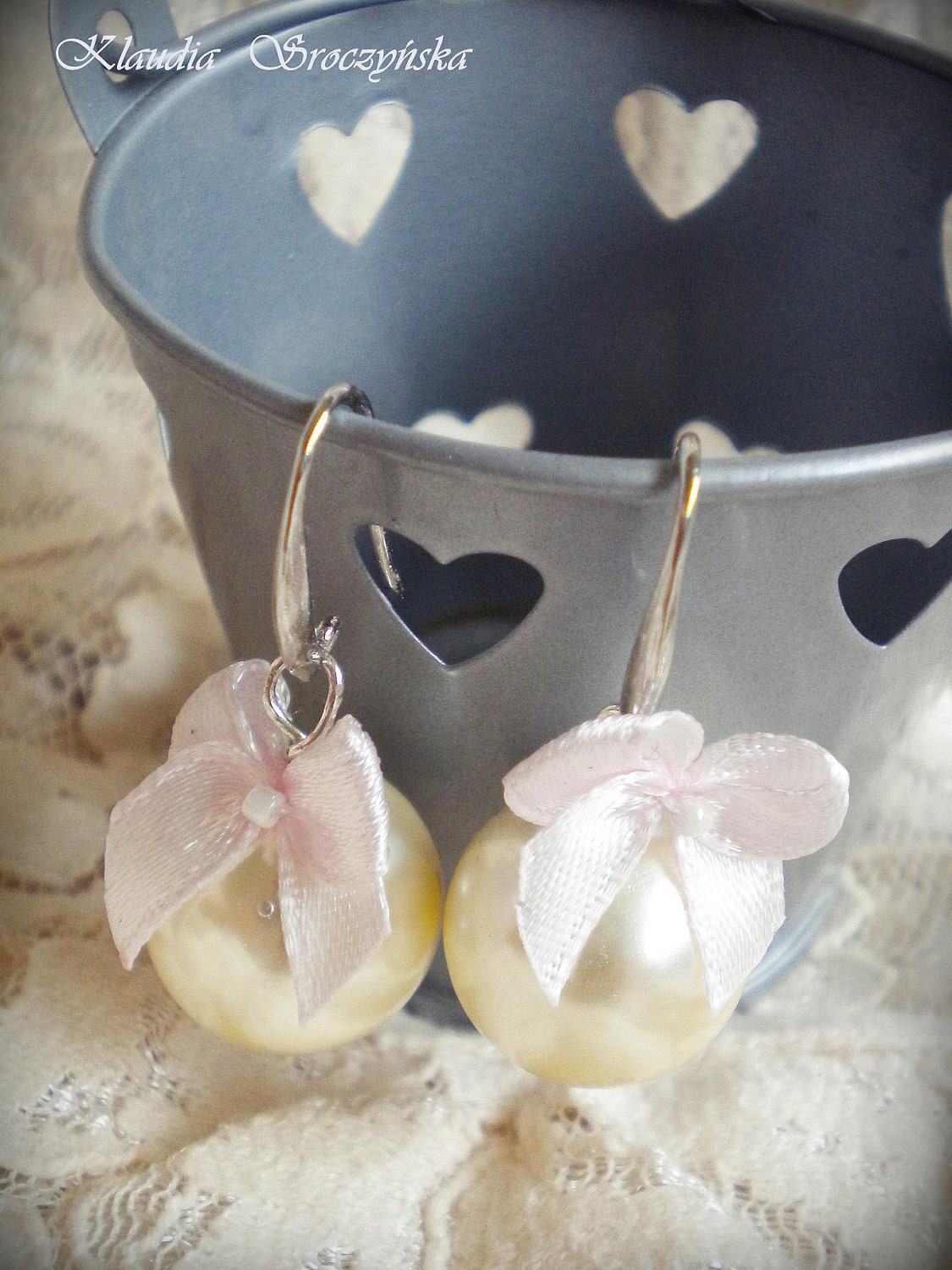 Baby Pink Satin Ribbon Bow And White Pearls Earrings-Bow earrings Bridesmaid Jewelry Bridesmaid gifts