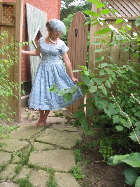 1950's Day Dress - Hydrangea Blue and White Cotton