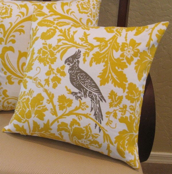 Yellow, Taupe and White Bird Throw Pillow Cover