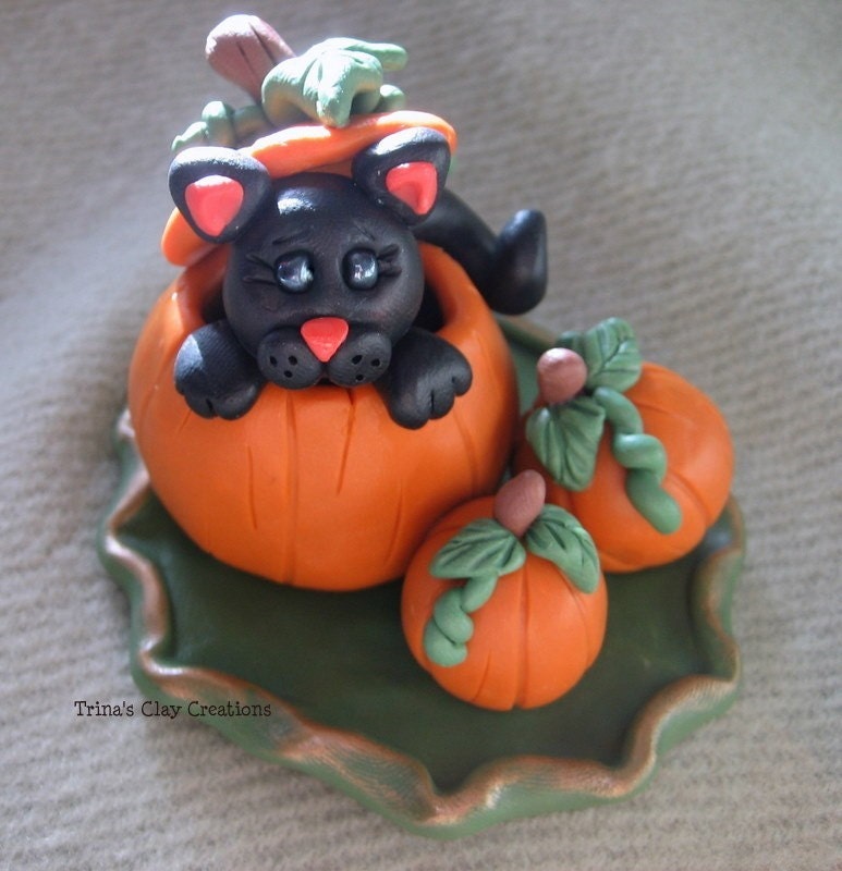 Polymer Clay Black Cat In A Pumpkin Patch - trinasclaycreations