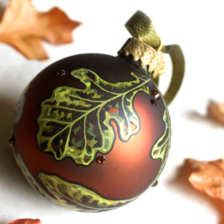 Oak Leaves Glass Ball - Copper Acorn Christmas Ornament -  Hand Painted, OOAK - Made To Order - copper brown, rust and chartreuse green - GwydionsGarden