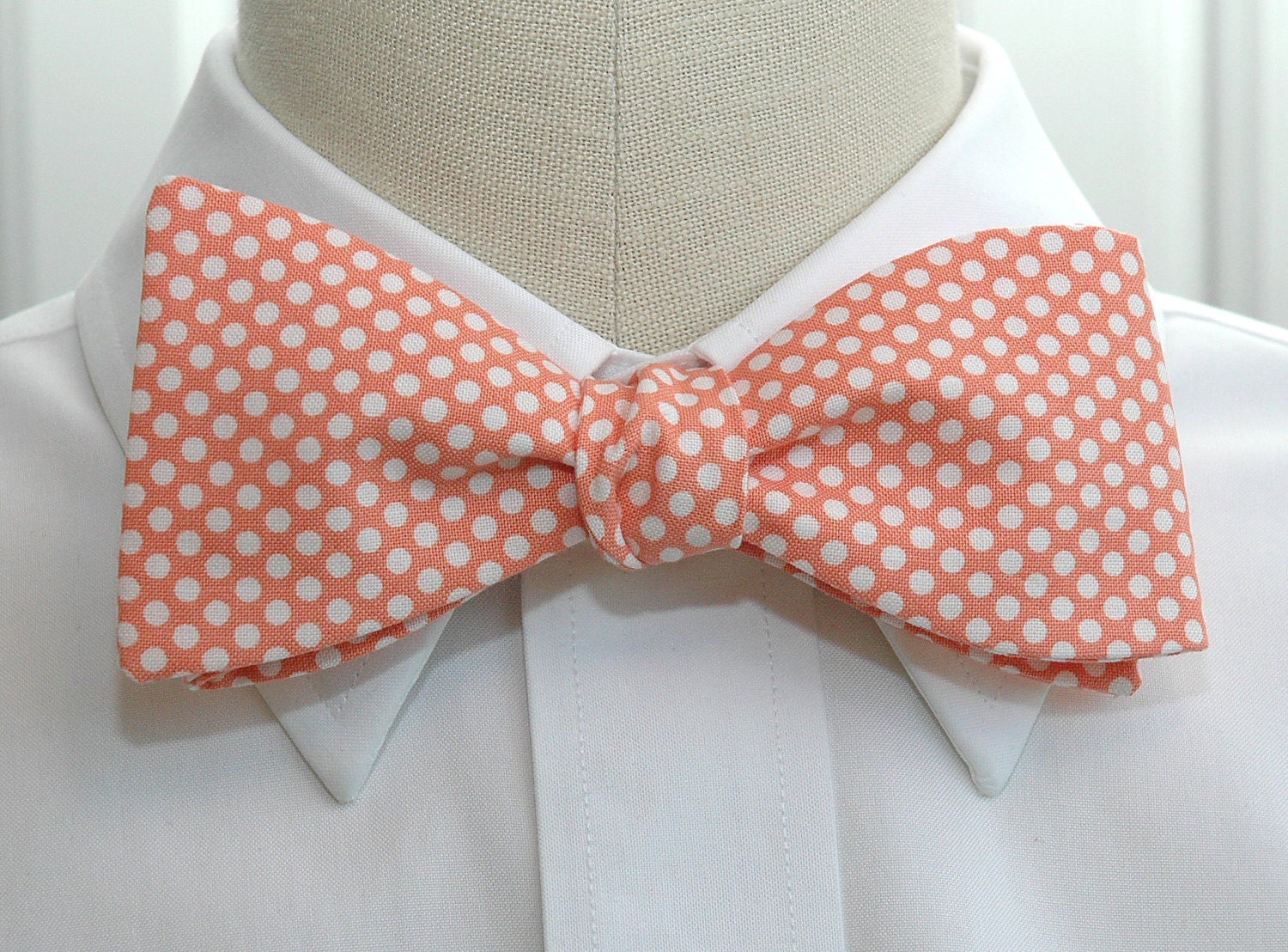 Men's Bow Tie in pale coral with white mini polka dots