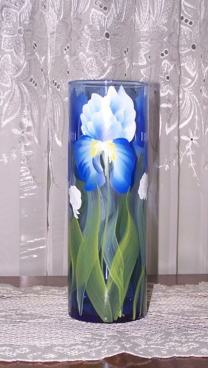 Blue Glass Vase with Hand Painted Irises