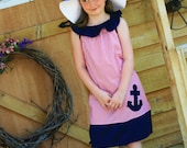 The Maddie Dress - Nautical Style- Red and White Stripe and Navy- Ruffle Neck with anchor applique