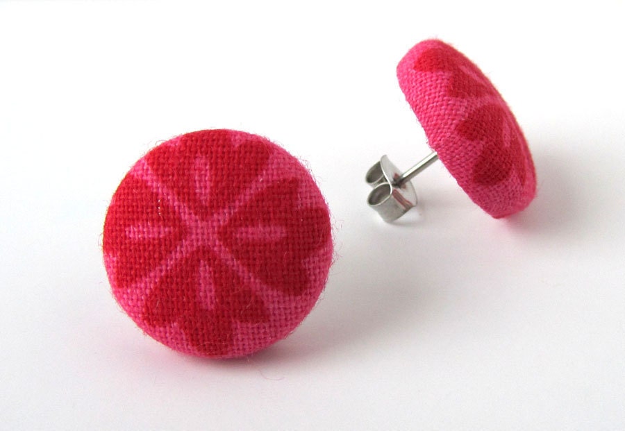Pink carmine red stud earrings flower fabric button spring