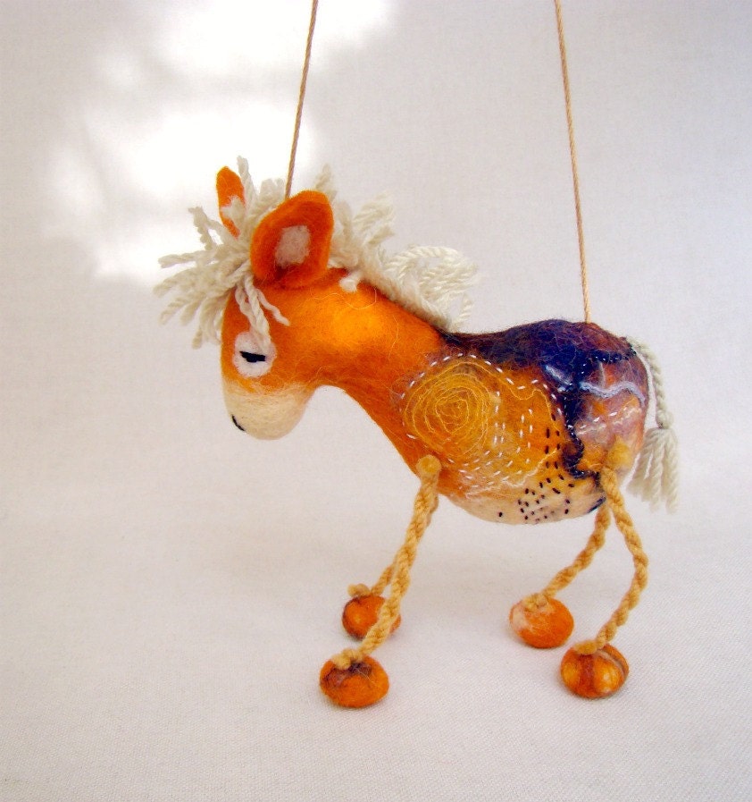 Augustina - Felt Donkey. Art Animal Marionette,  Puppet, Felted Animals, Stuffed Toy. orange yellow beige cream.  MADE TO ORDER