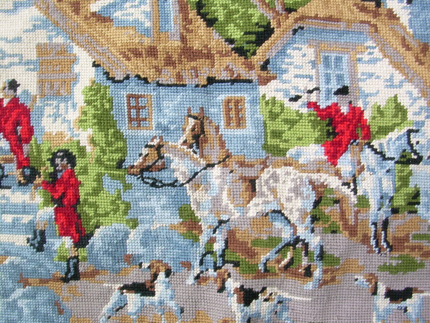 vintage needlepoint tapestry, hunter have a rest, horses and dogs, france