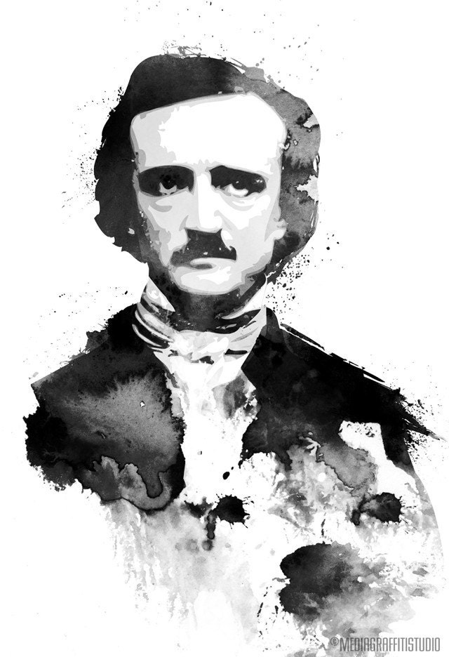 EDGAR ALLAN POE gothic macabre horror author of The Raven black and white watercolors Pop Art style portrait illustration 8x10