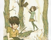 Loose Leaves - 8.5 x 11 in. art print - kids indians woods camp fire