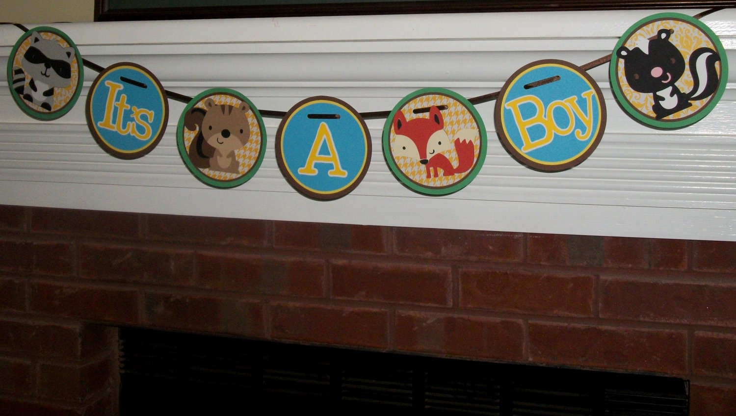 Forest Woodlands It's A Boy Baby Shower Banner ... Made to Order ... Yellow Blue Green Brown ... fox squirrel raccoon skunk  ...  adjustable