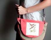 Upcycled Crossbody Bag with Vintage Bird Cross Stitch, Khaki and Melon Colorblock Hip Bag