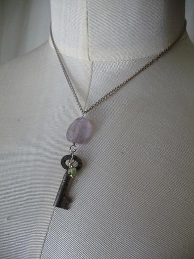 OOAK Skeleton Key Necklace Amethyst and Green Glass