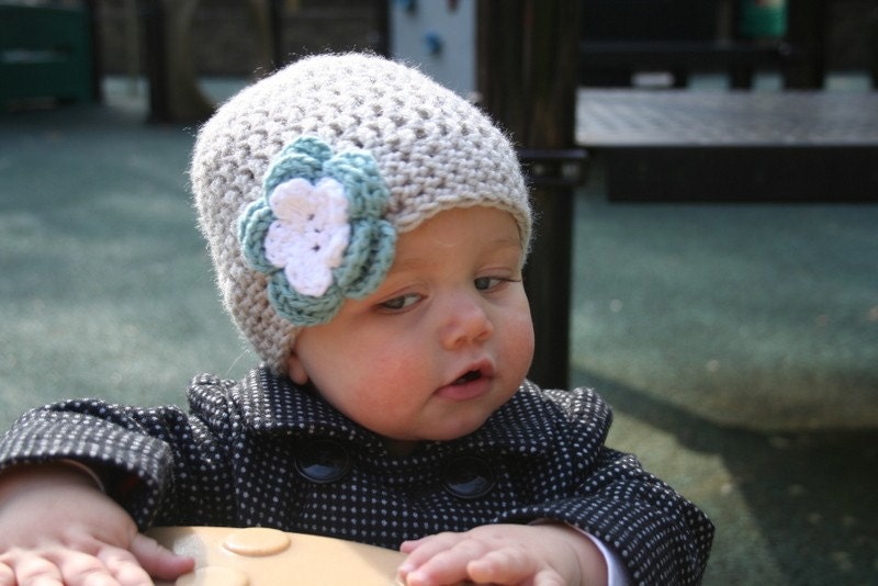 Crochet Baby Hat Beanie in Light Grey with Soft Teal Blue and White Flower - Baby Toddler Children