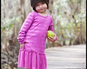 Girls Brown Crochet Beanie Hat with Fuchsia Pink Flower and Green Leaves - Baby Toddler Children